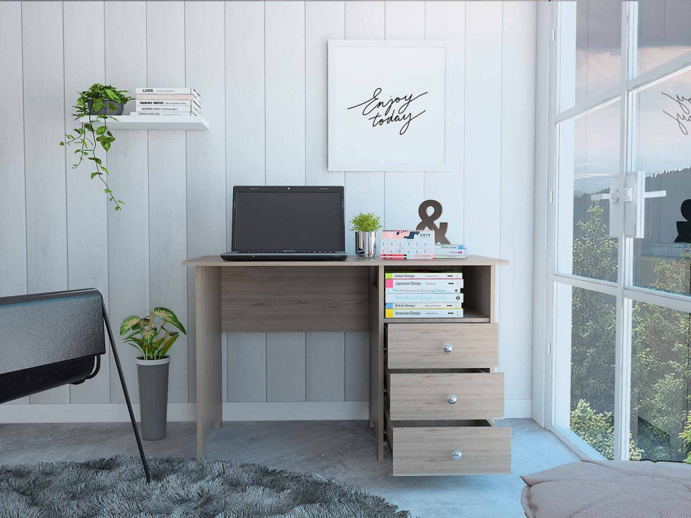 Jacksonville Computer Desk with 3 Drawers, Legs and Handles, Light Gray