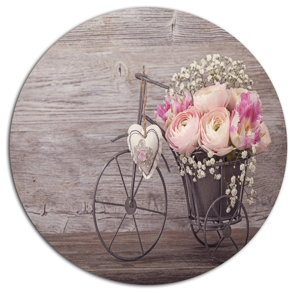 Ranunculus Flowers In Bicycle Vase, Floral Disc Metal Artwork, 36"