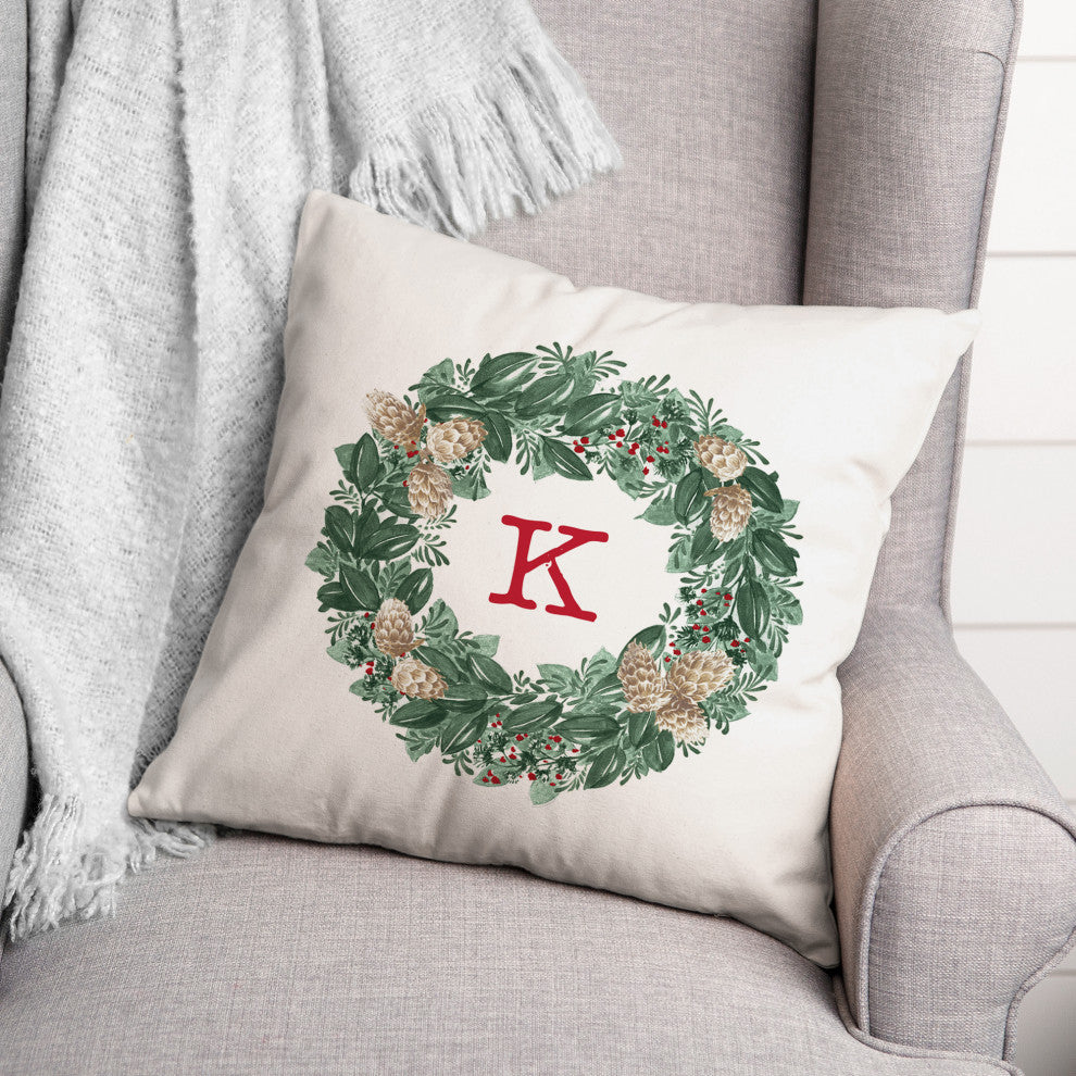 Christmas Wreath Monogram K 18x18 Spun Poly Pillow