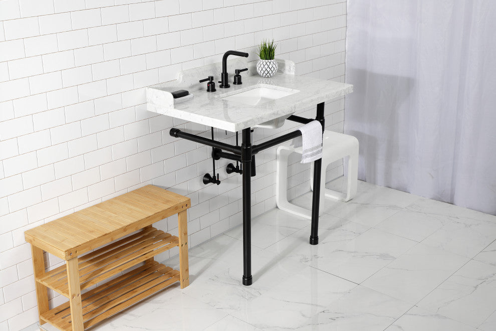 Kingston Brass LMS36M8SQ0ST 36" Carrara Marble Console Sink, Legs