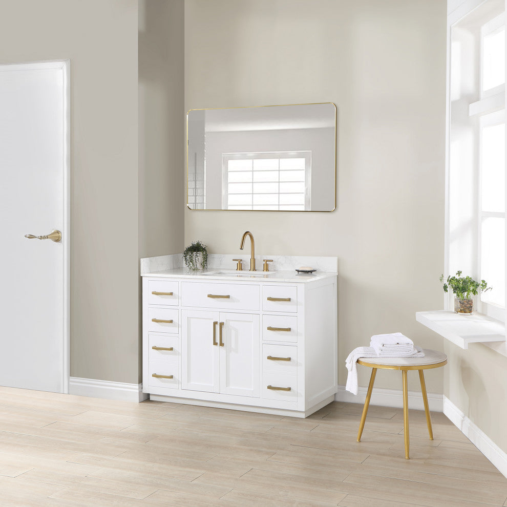 Gavino Vanity With Grain White Composite Stone Top, White/Brushed Gold, 48", No Mirror