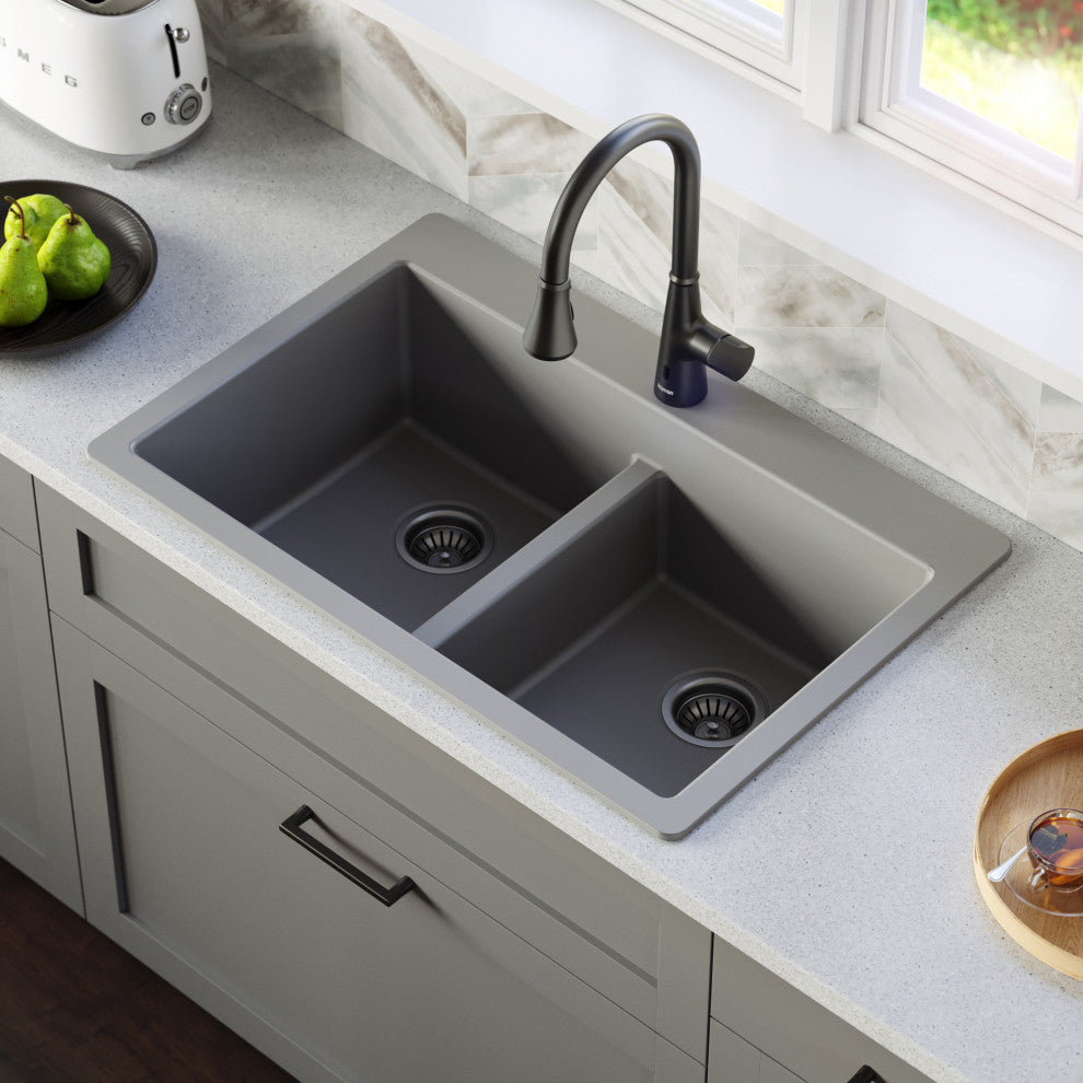 Karran 33" Top Mount Double Equal Bowl Quartz Kitchen Sink, Grey