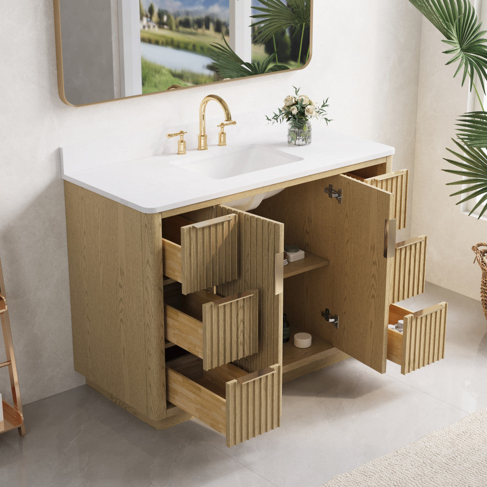 Solid Wood Freestanding Bathroom Vanity with White Quartz Top and Backsplash, 48"