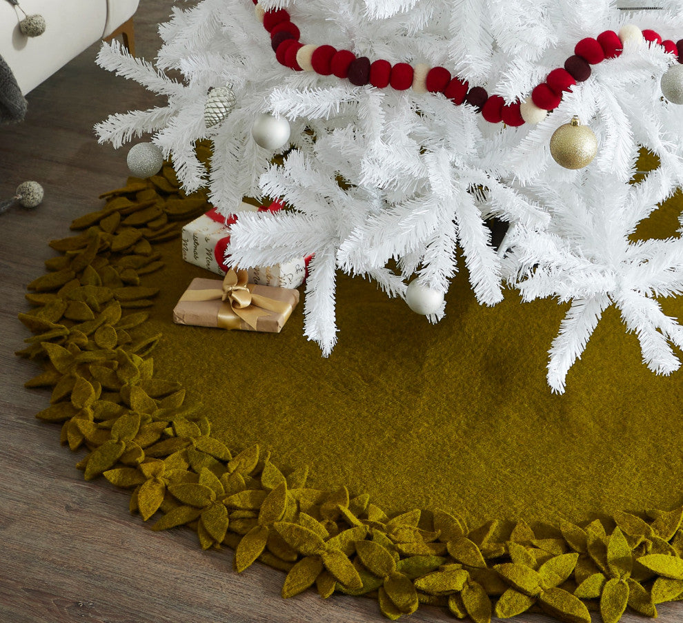 Overlapping Flowers Christmas Tree Skirt in Hand Felted Wool in Chartreuse