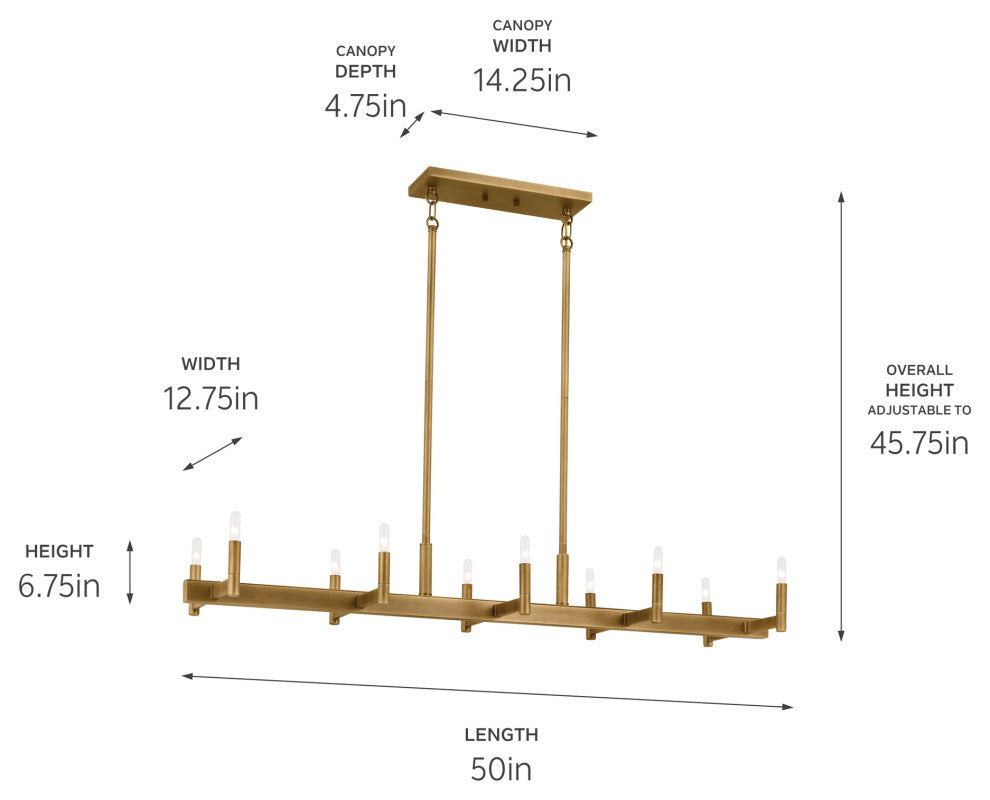 Erzo 50" 10 Light Linear Chandelier, Natural Brass