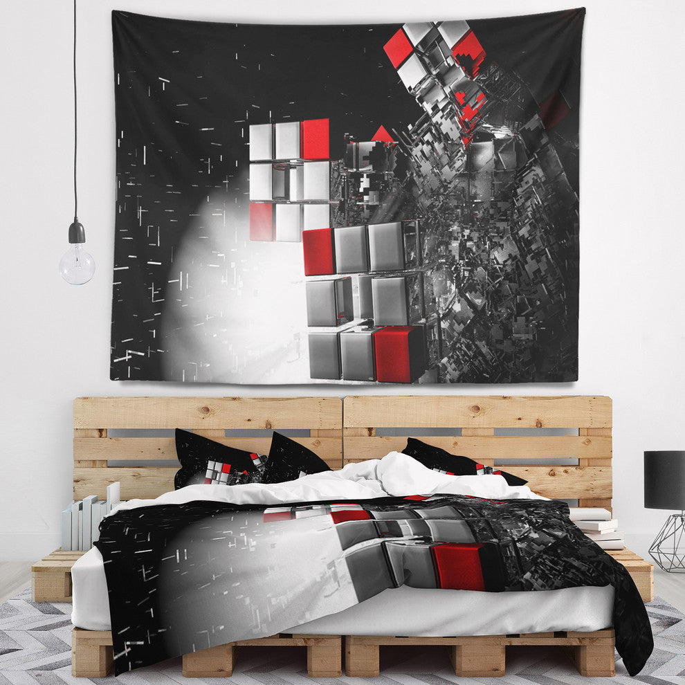 Fractal 3D Red White Cubes Contemporary Wall Tapestry, 39"x32"