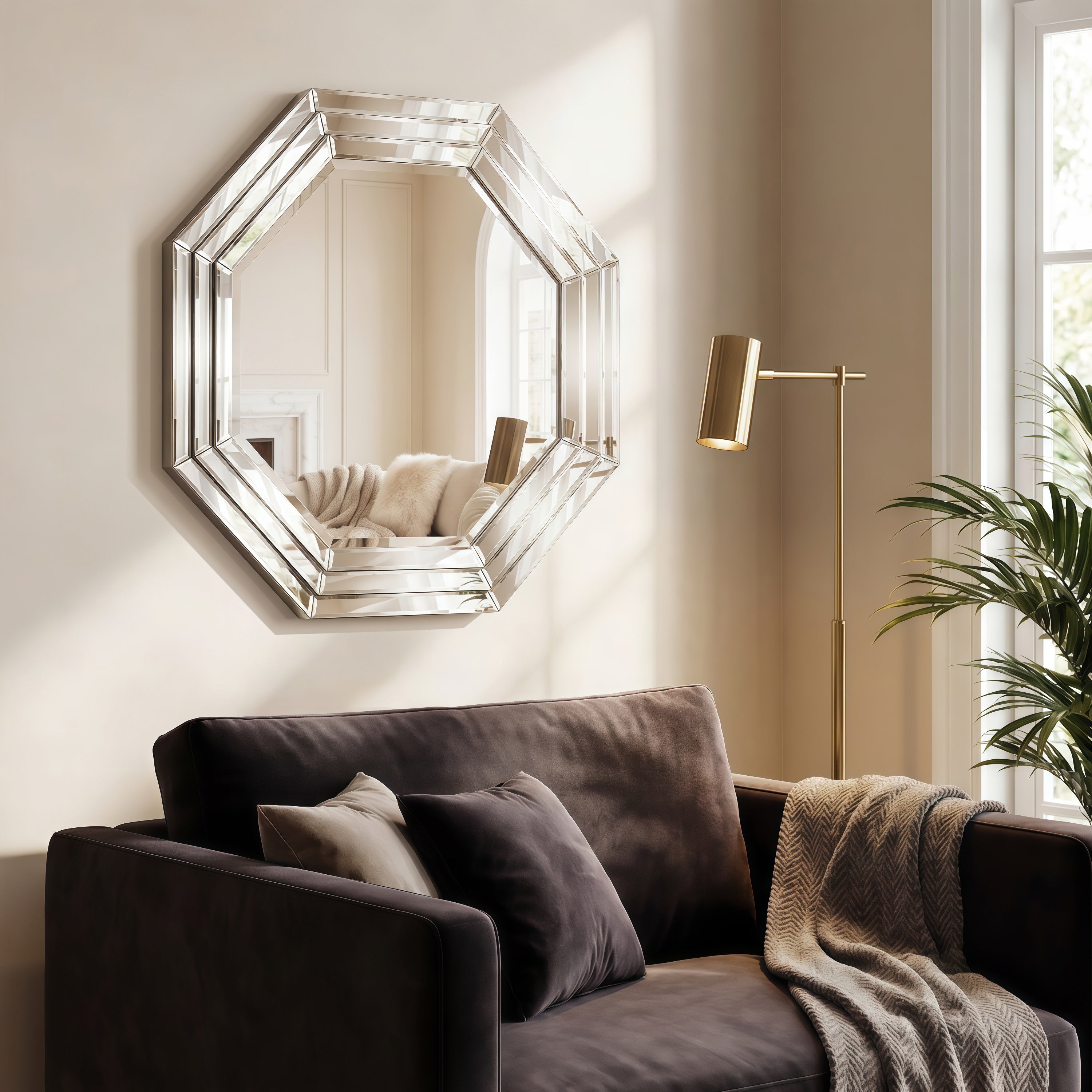 Beveled Multi Faceted Octagons Wall Mirror, 1" Beveled Center, Wood Frame