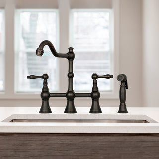 Two-Handles Copper Bridge Kitchen Faucet with Side Sprayer, Oil Rubbed Bronze