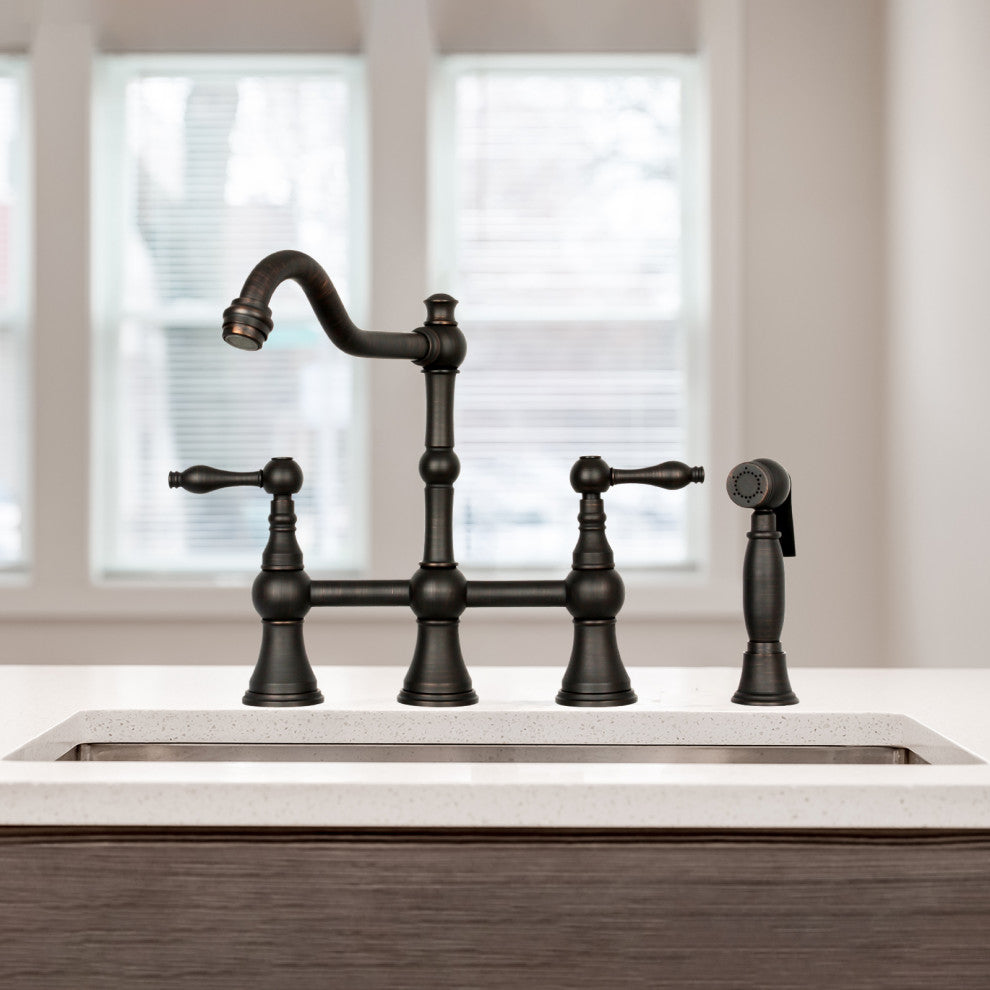 Two-Handles Copper Bridge Kitchen Faucet with Side Sprayer, Oil Rubbed Bronze