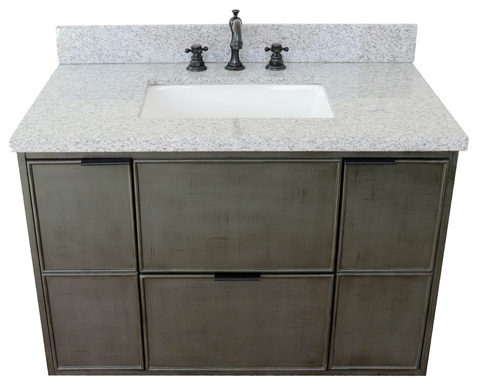 37" Single Wall Mount Vanity, Linen Gray Finish With Gray Granite Top