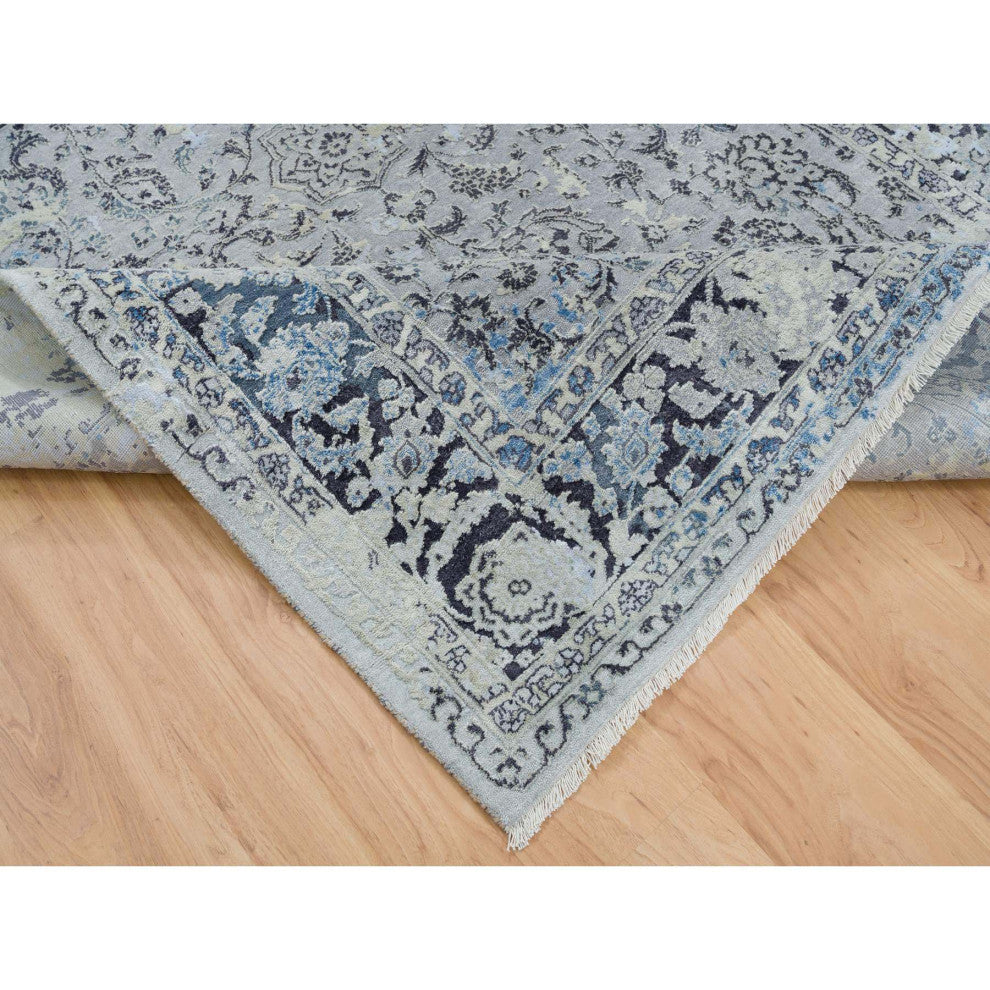 Light Gray Pure Silk With Wool Hand Knotted Broken Kashan Design Rug, 6'0"x9'0"