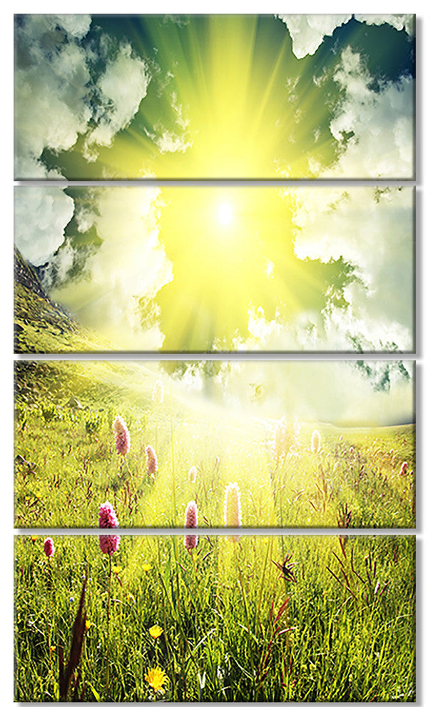 Mountains Pasture under Bright Sunset, Landscape Canvas Art, 28"x48", 4 Panels