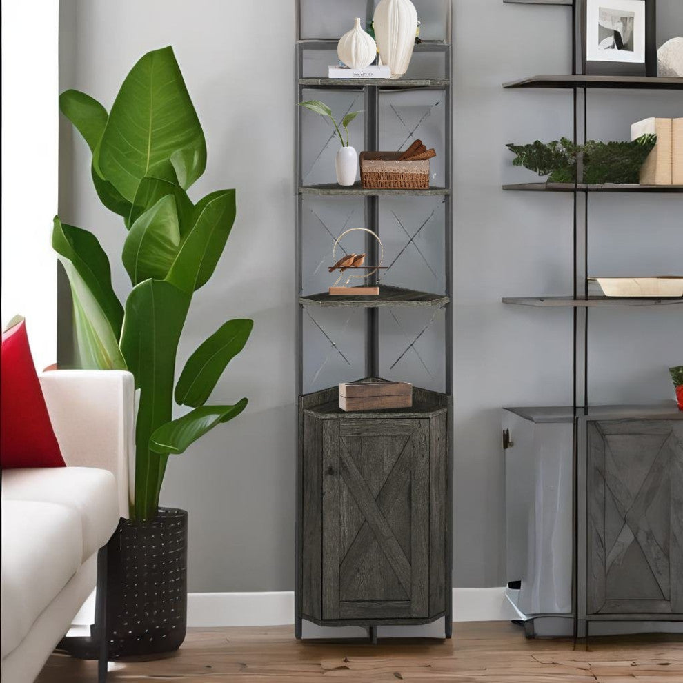 Dark Gray 5-Tier Corner Shelf With Storage