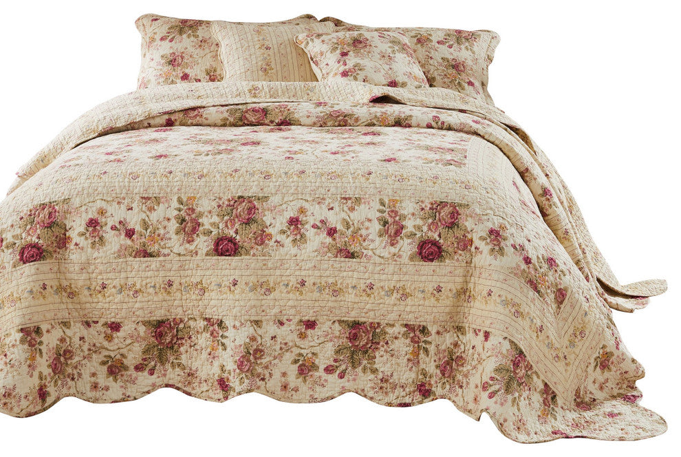 Benzara 3 Piece King Bedspread Set, Floral Print, Scalloped, Cream, Pink