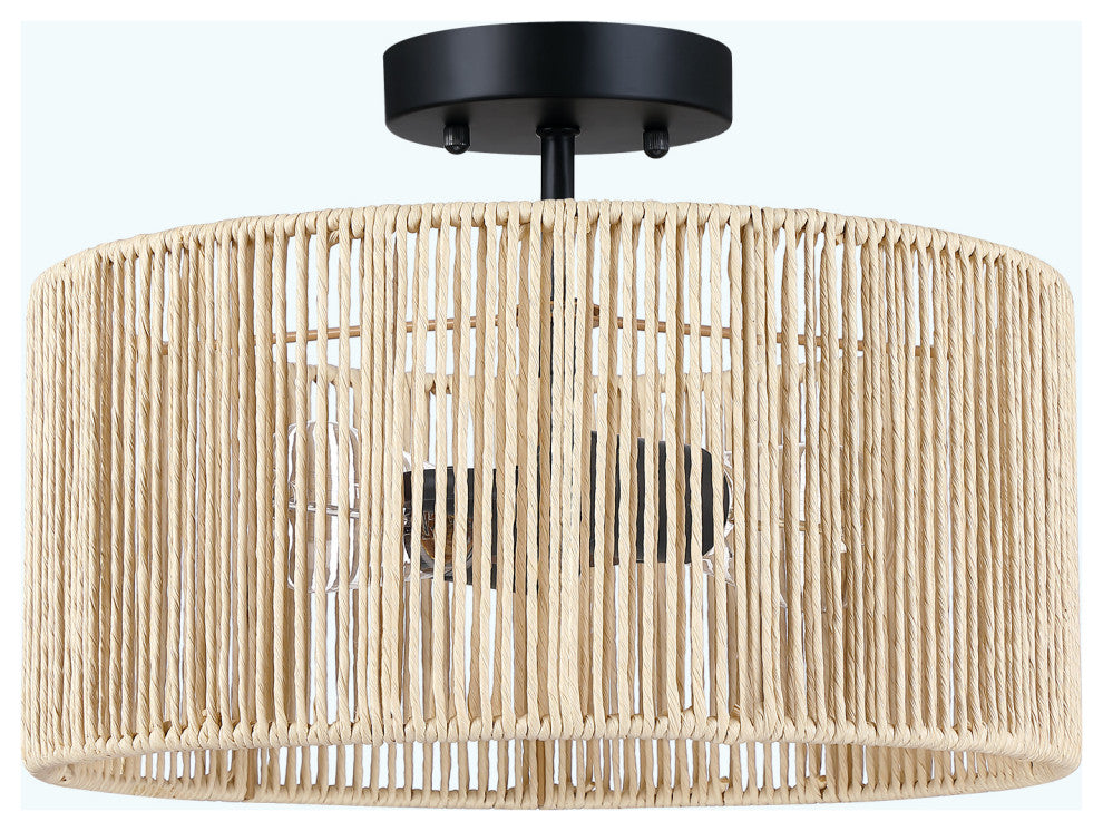 14" W 2-Light Woven Rope Drum Semi-Flush Mount Ceiling Light, Beige