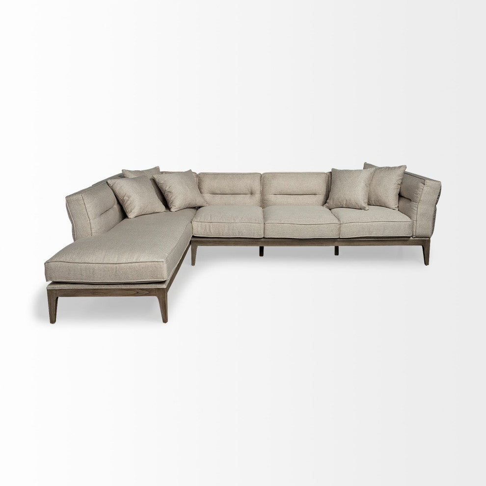 Denali III Beige Fabric, Solid Wood Frame Sectional Sofa, Cream/Brown, Left