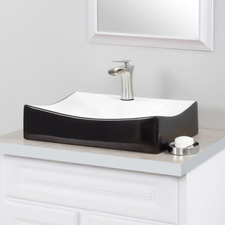 Rectangular Black/White Porcelain Vessel Sink and Faucet Set, Brushed Nickel