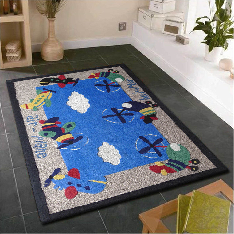 4'x6' Blue Kids Bedroom Area Rug With Plane Designs, Soft and Hand-Tufted