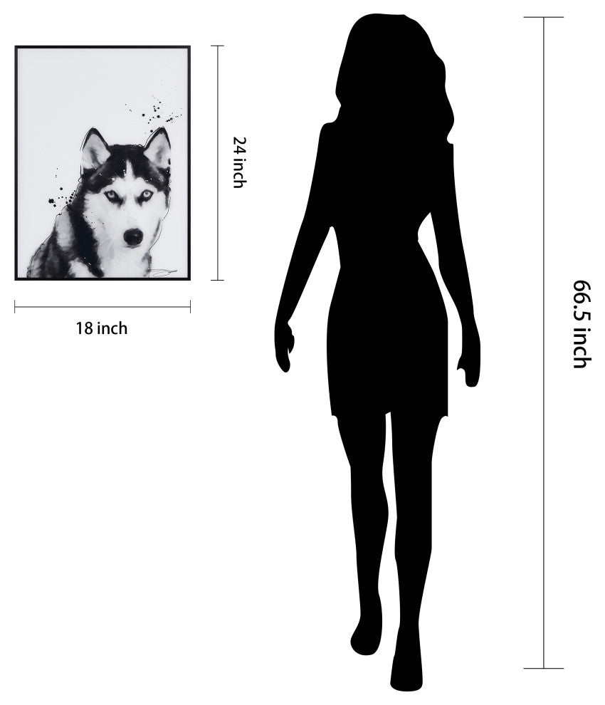 "Siberian Husky" Black and White Pet Art on Printed Glass with Anodized Frame