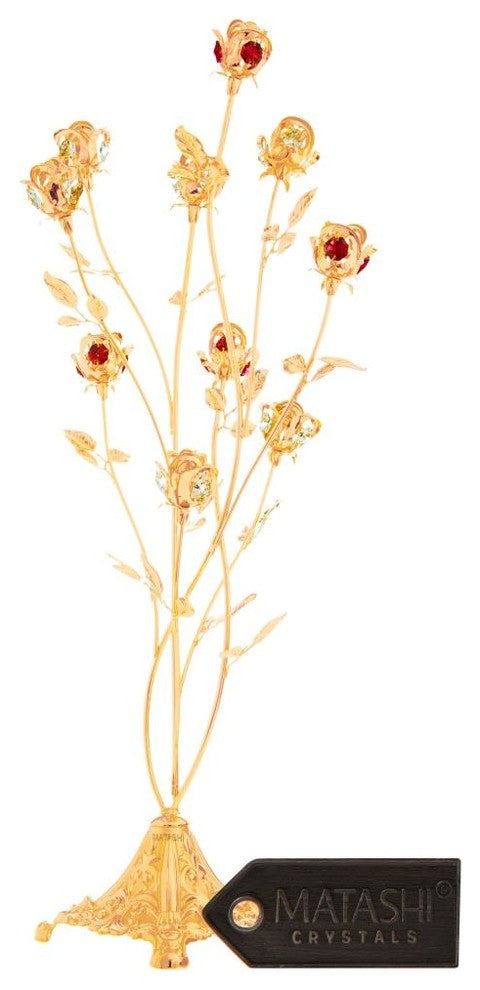 24K Gold Plated Crystal Studded 10-Piece Rose Bouquet Ornament, Red Crystals
