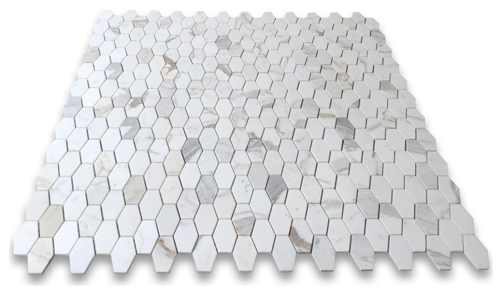 Calacatta Gold Marble 1-1/4x3 Elongated Hexagon Mosaic Tile Honed, 1 sheet