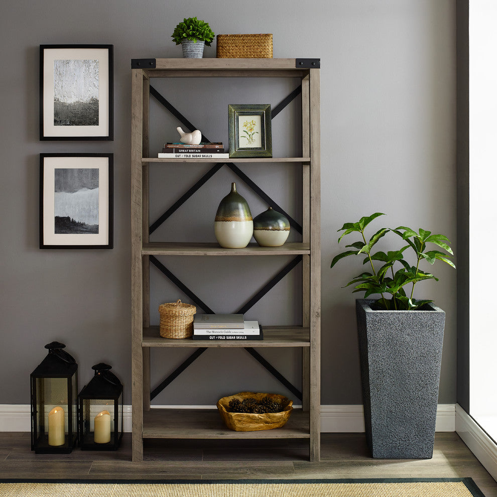 64" Farmhouse Metal X Bookcase, Gray Wash