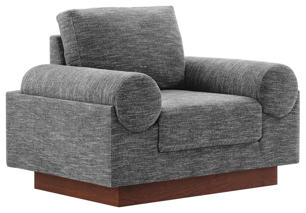 Modern Fabric Armchair with Wooden Plinth Base, Bolster Chair, Grey