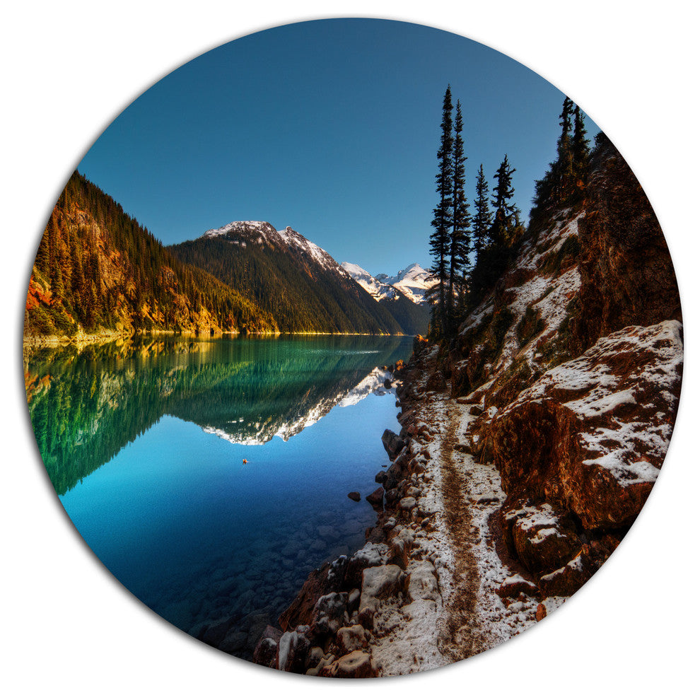 Blue Clear Lake With Mountains, Landscape Art Disc Metal Wall Art, 36"