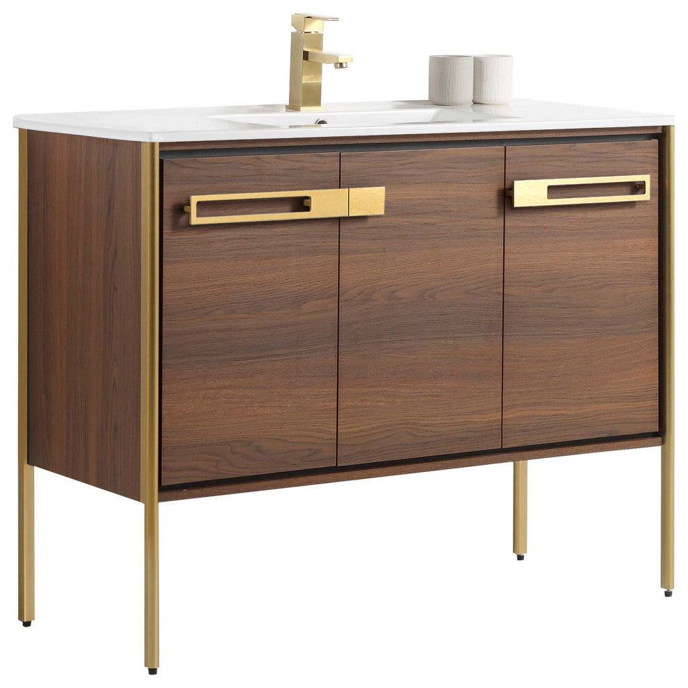 Oakville Bath Vanity, Ceramic Sink, Walnut Ebony, 42 Inch, Satin Brass Hardware