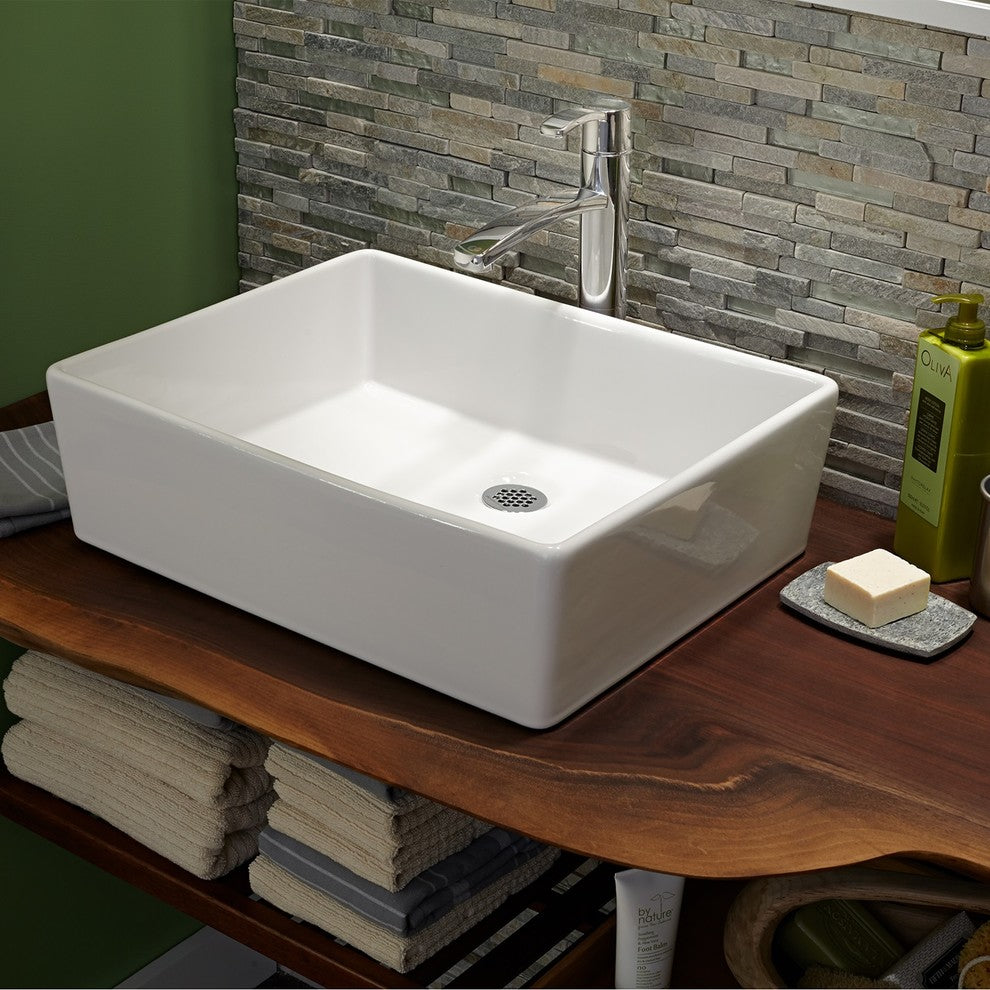 24" White Fireclay Farmhouse Apron Studio Bathroom Sink with Drain Kit