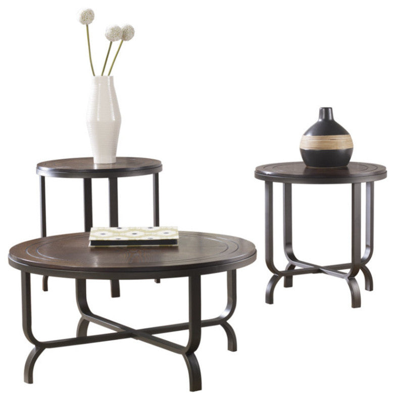 Round Wooden Table Set with Crossbar Metal Base, Set of Three, Brown and Black