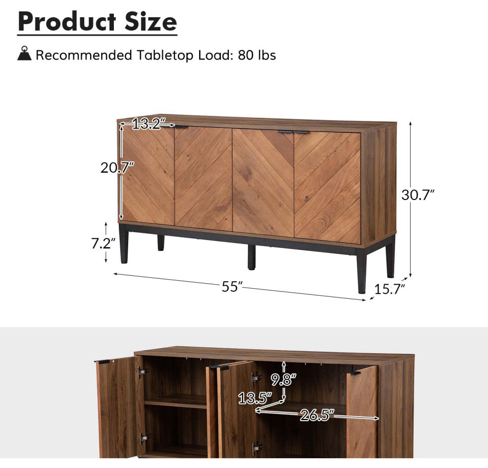 55" Wide 4 Door Sideboard, Walnut