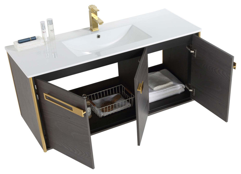 Oakville Wall Mount Bathroom Vanity, Black Coal Oak, 48", Satin Brass Hardware