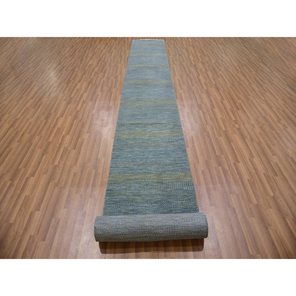 Chelsea Blue XL Runner Grass Design Hand Knotted Dyed Wool Rug, 2'6"x20'
