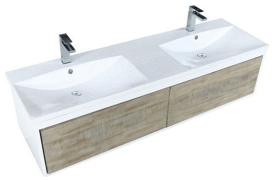 Scopi Modern 60" Rustic Acacia Double Bathroom Vanity, Labaro Rose Gold Faucet