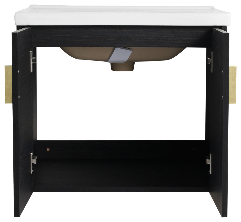 24" Plywood Wall Mounted Bath Vanity Set, Black, Ceramic Basin