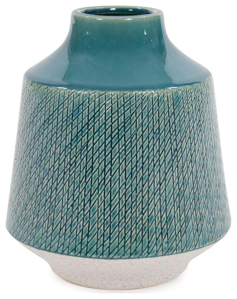 Cross Hatched Sea Blue Ceramic Round Vase