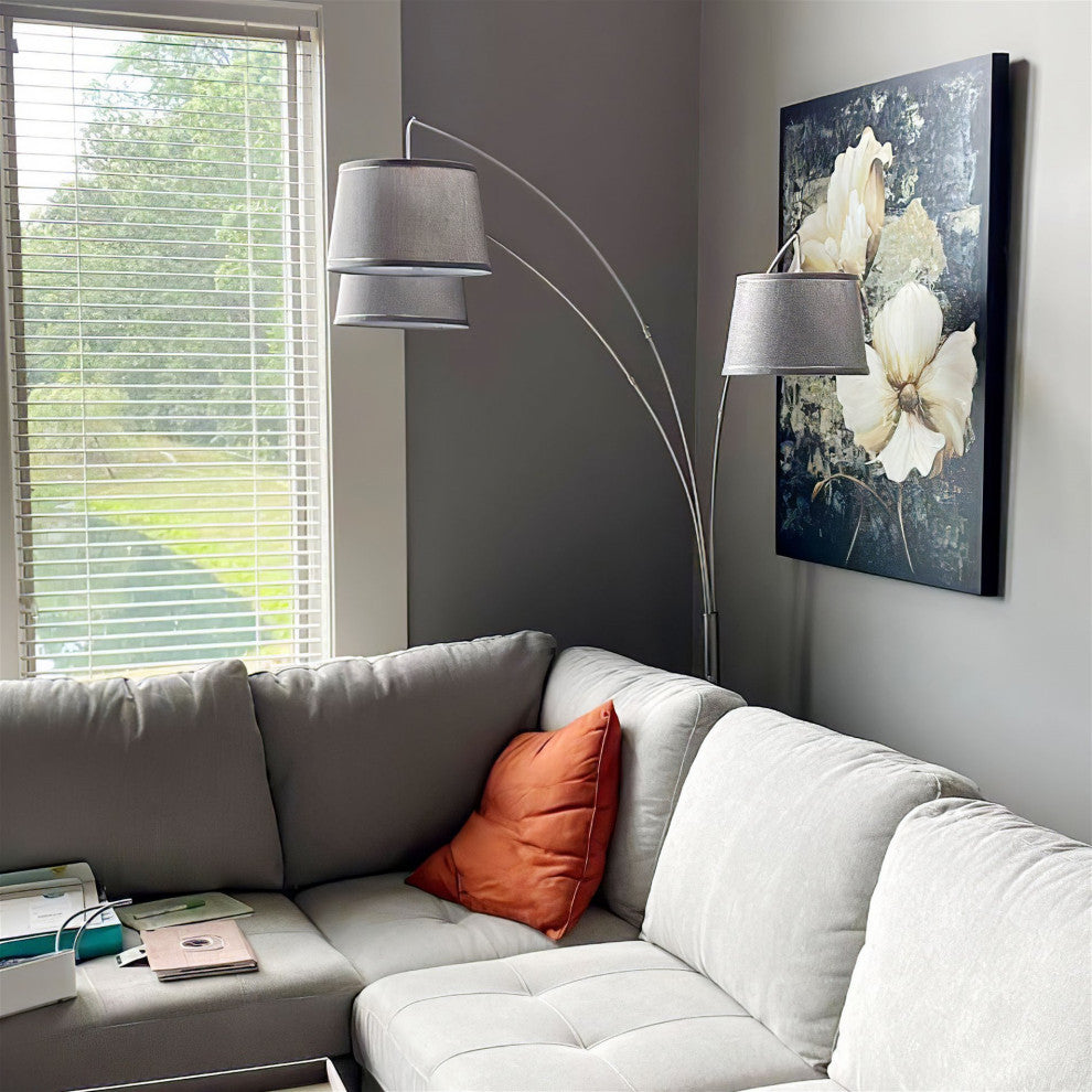 Kira Home Akira 79" Arc Floor Lamp, 3-Way Switch, Gray Burlap Shades