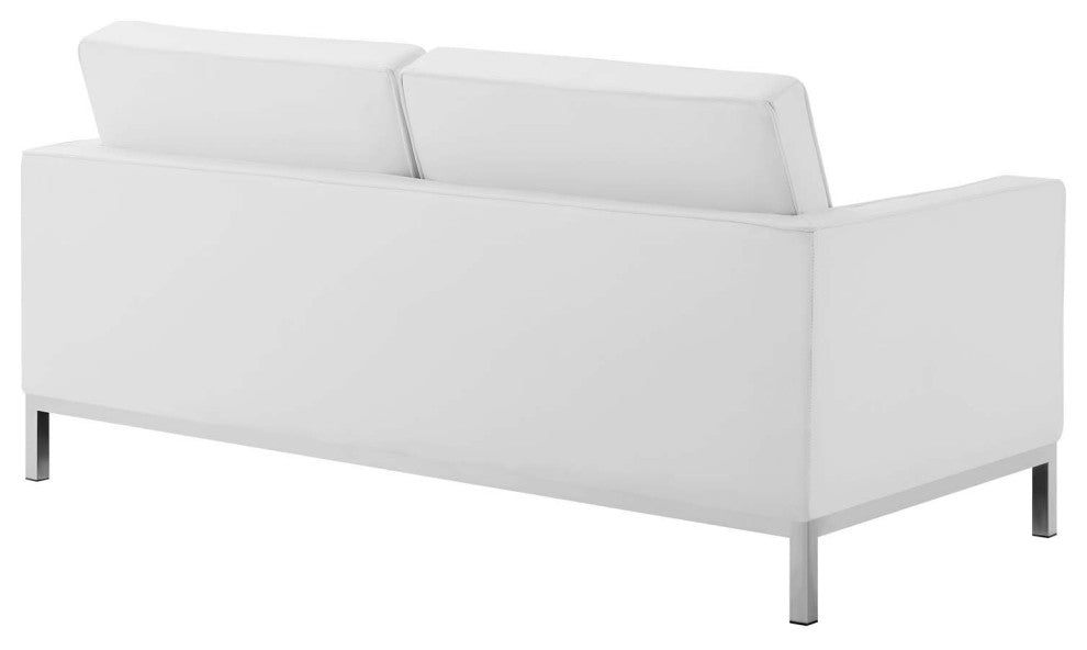 Tufted Armchair and Loveseat Sofa Set, Faux Leather, Silver White, Modern