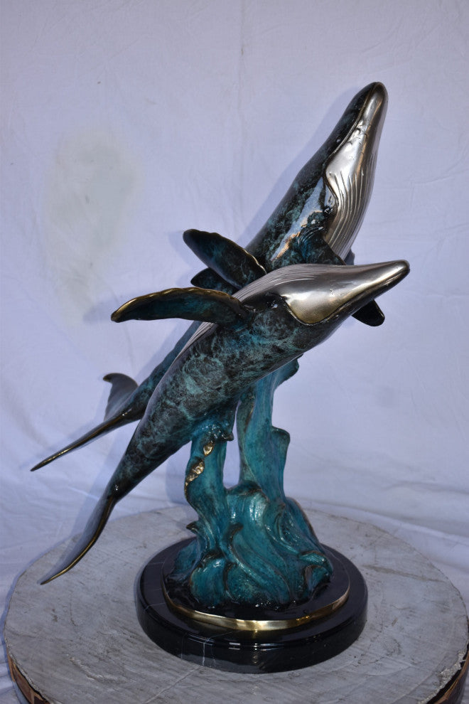 Pair of Blue Whales Swimming, The Ocean Bronze Statue Size: 21" x 20" x 27"H