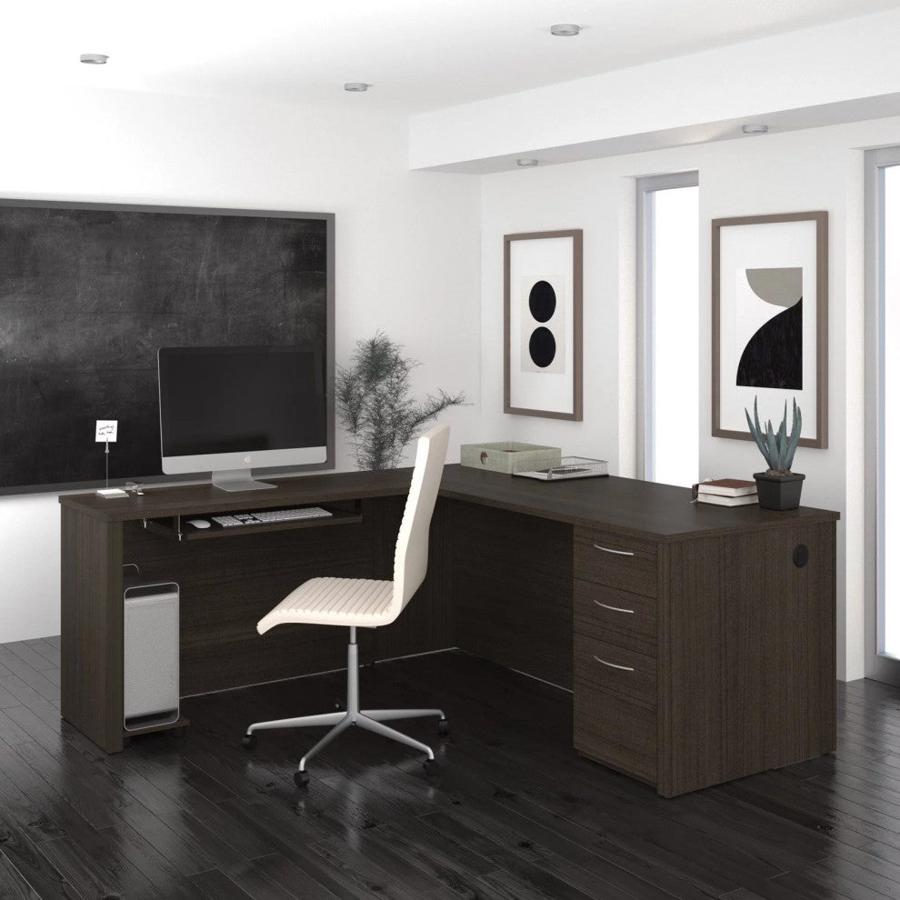 L-Shaped Desk, Spacious Top With CPU Platform & Keyboard Tray, Dark Chocolate