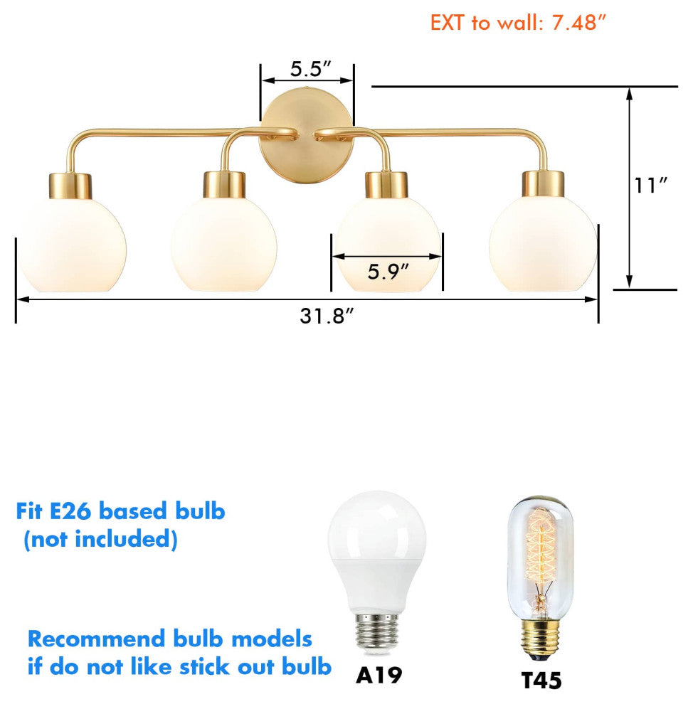 Modern Bath Vanity Light Wall Sconce Gold, 4-Light
