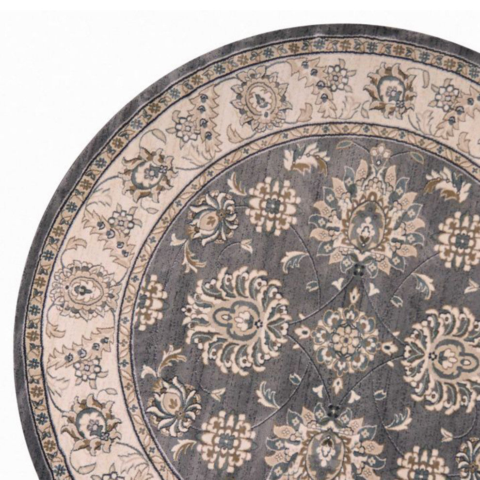 HomeRoots 8' Grey Ivory Machine Woven Floral Traditional Round Indoor Area Rug