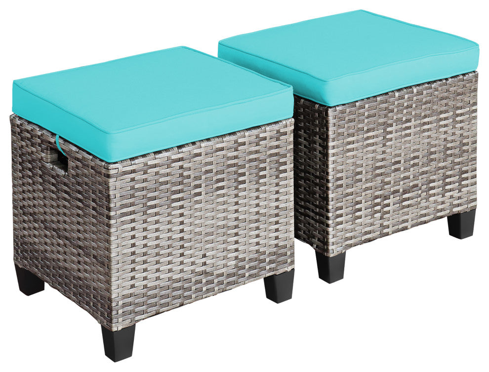 Costway 2PCS Patio Rattan Cushioned Ottoman Seat Foot Rest TableTurquoise