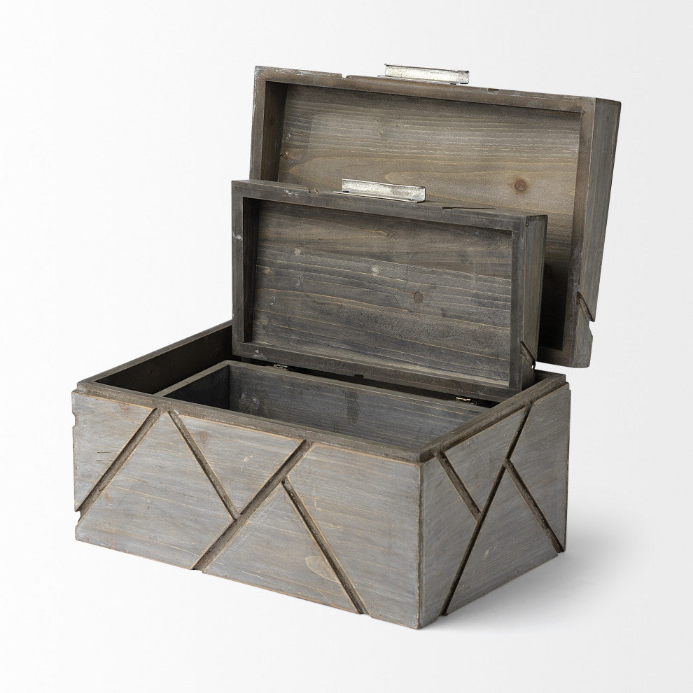 Set of Two Gray Wooden Boxes With Carved Details