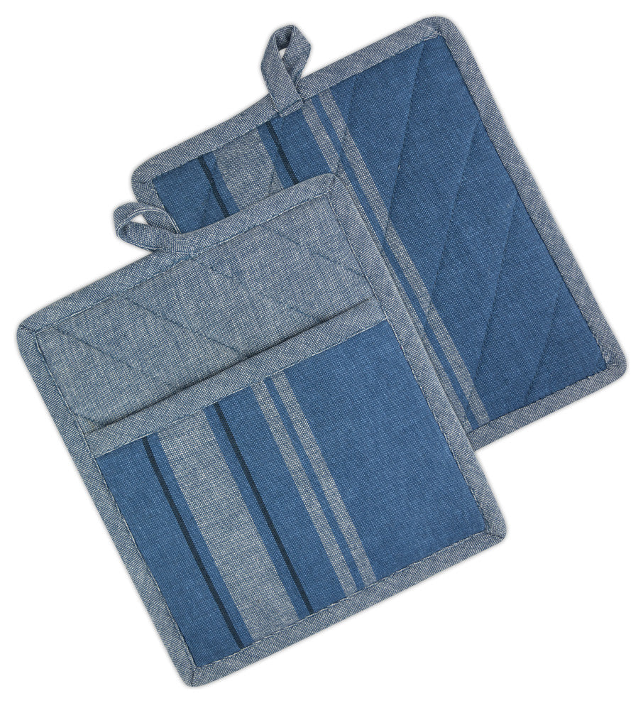 DII Blue Chambray French Stripe Pot Holder, Set of 2