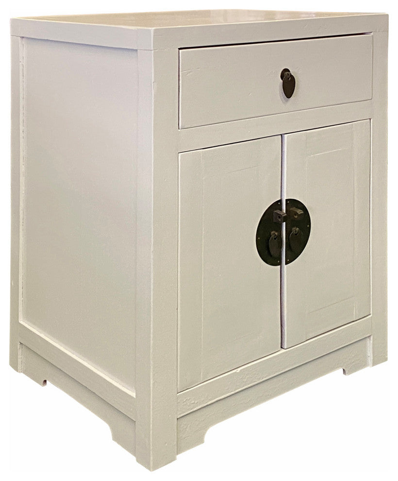 Distressed White Lacquer MoonFace End Table Nightstand Cabinet Hcs7039