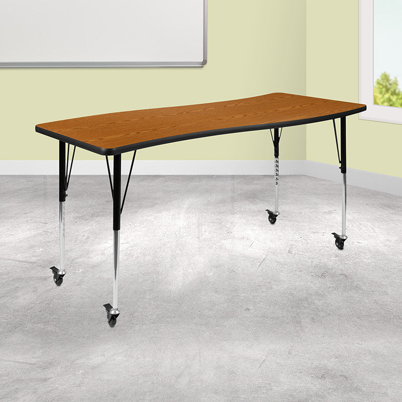 Mobile 26"x60" Wave Laminate Activity Table, Adjustable Short Legs, Oak