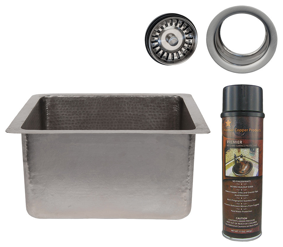 16" Gourmet Rectangular Hammered Copper Bar/Prep Sink, Nickel