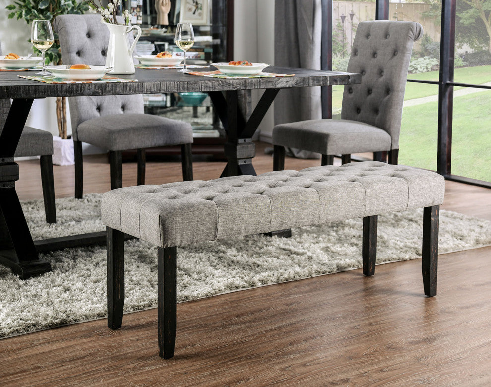 Fabric and Wood Dining Bench, Antique Black and Light Gray